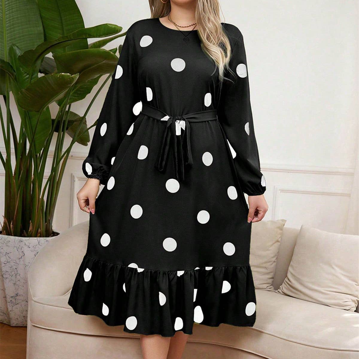 SLIM FIT POLKA DOT LONG SLEEVE RUFFLE DRESS_CWDSD8478