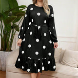 SLIM FIT POLKA DOT LONG SLEEVE RUFFLE DRESS_CWDSD8478