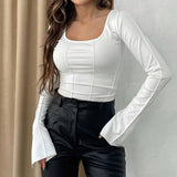 U-Neck Long Sleeve Lace-Up Sexy Spice T-Shirt