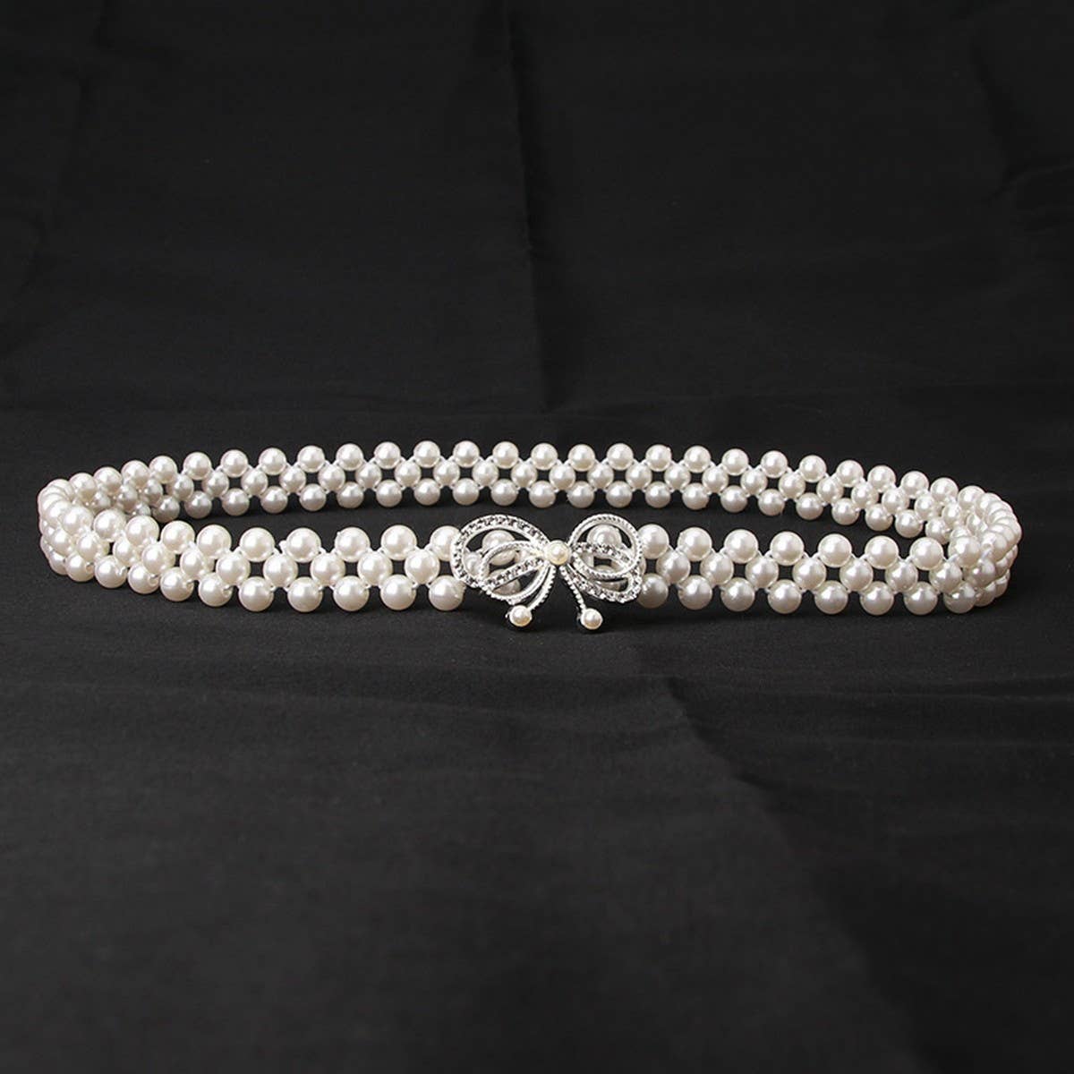 PEARL WOVEN ELASTIC BELT RHINESTONE ALLOY BUCKLES_CWABE0395