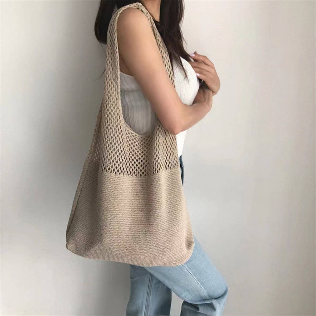 Cwab4568_Hollow Knit Large Capacity Shoulder Tote Bag