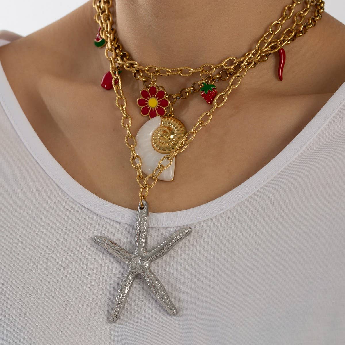 BOLD OCEAN STEEL NECKLACE WITH STARFISH SHELL_CWMM8852