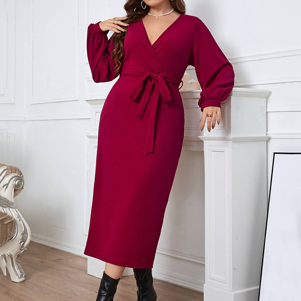 RED V NECK SLIM FIT LONG DRESS FOR FALL SPRING_CWDSD8473