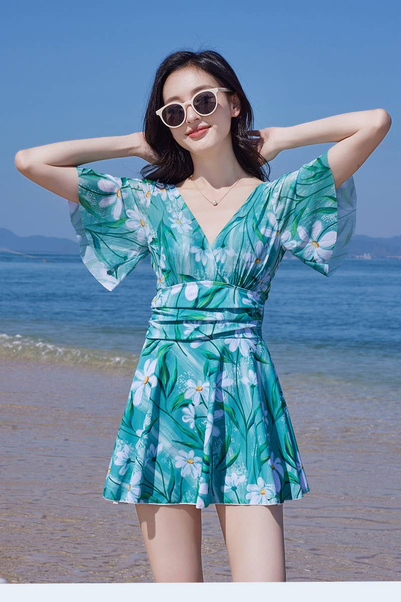 Cwmw0860_Printed High Waist Backless One-Piece Swim Dress