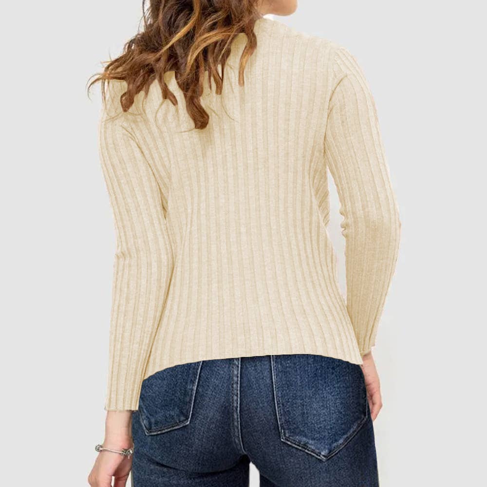Wide-Striped Solid-Color Long-Sleeved Top