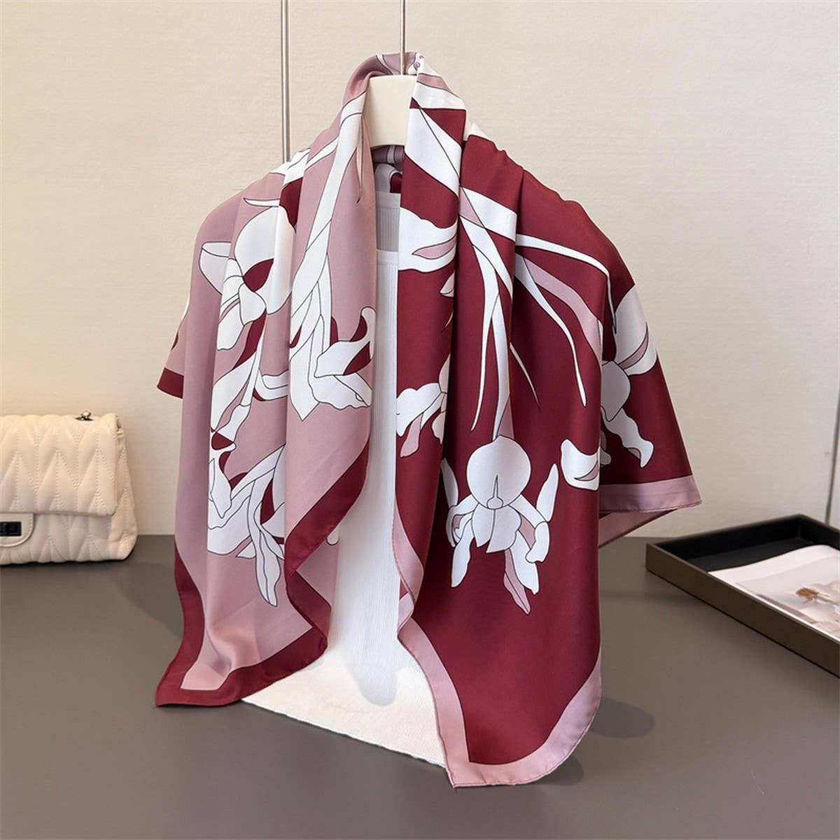 Retro Floral Faux Silk Square Neck Scarf_Cwasc03436