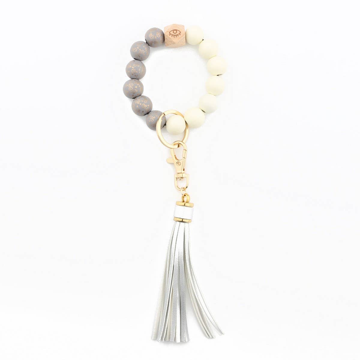 LEOPARD WOOD BEAD BRACELET KEYCHAIN WITH TASSEL_CWMM7016