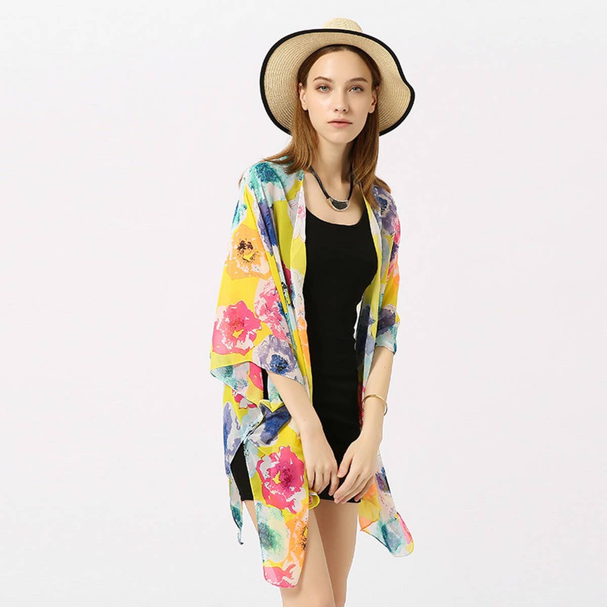 MULTICOLOR FLORAL PRINT OPEN FRONT KIMONO CARDIGAN_CWASC0789