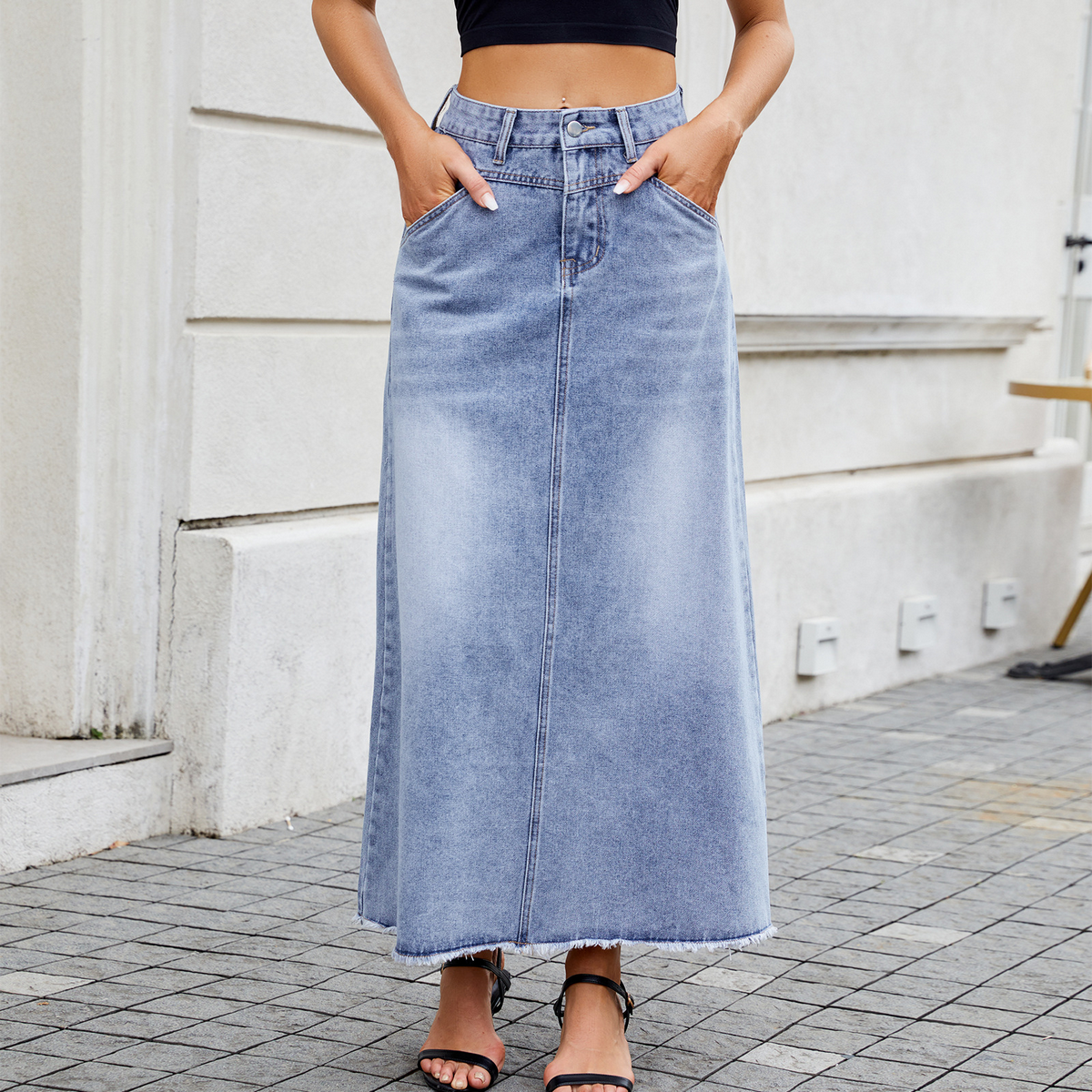 Women High Waist Denim Midi Skirt With Pockets_Cwjsk0203