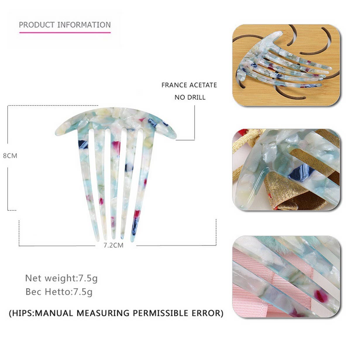 ACETATE PLATE HAIR COMB FIVE TOOTH HAIRACCESSORIES_CWAHA4216