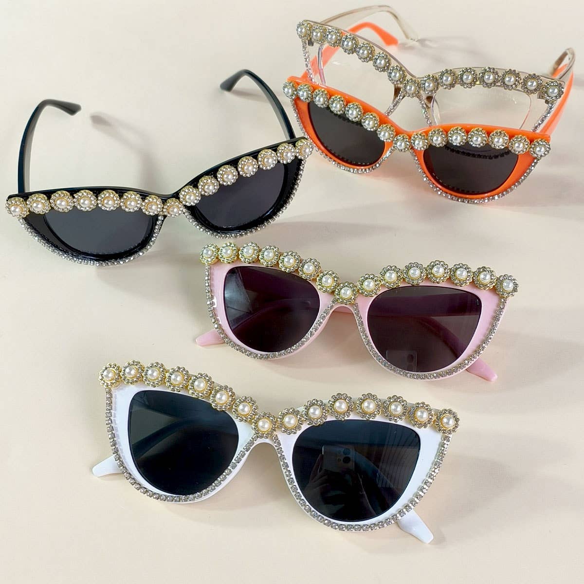 HANDMADE RHINESTONE PEARL RETRO CAT EYE SUNGLASSES_CWASG0268