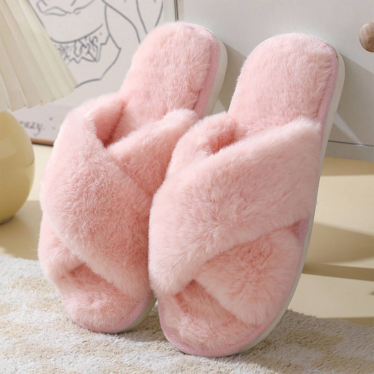 CROSS STYLE FAUX RABBIT FUR SLIPPERS FOR WOMEN_CWSHS0283
