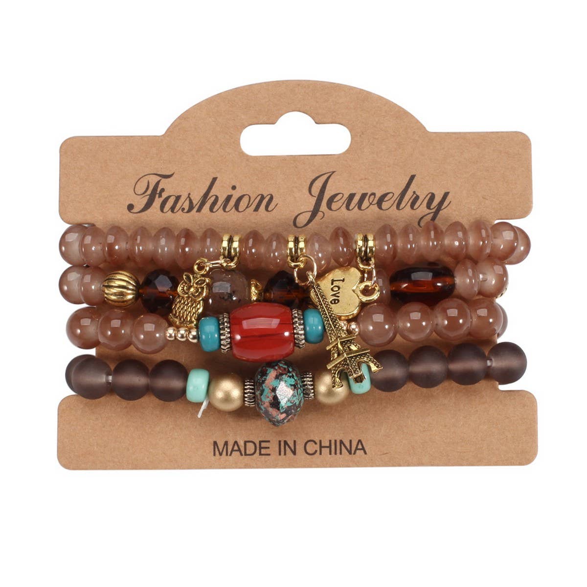 Cwaje05705_Boho Multi Layer Beaded Owl Eiffel Bracelet