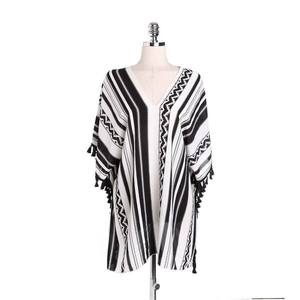 TASSEL STRIPE PRINT FRONT OPEN KIMONO FOR SUMMER_CWASC0795