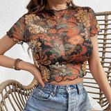 SEMI SHEER MESH FLORAL PRINT SHORT SLEEVED TOP_CWTBLS1509