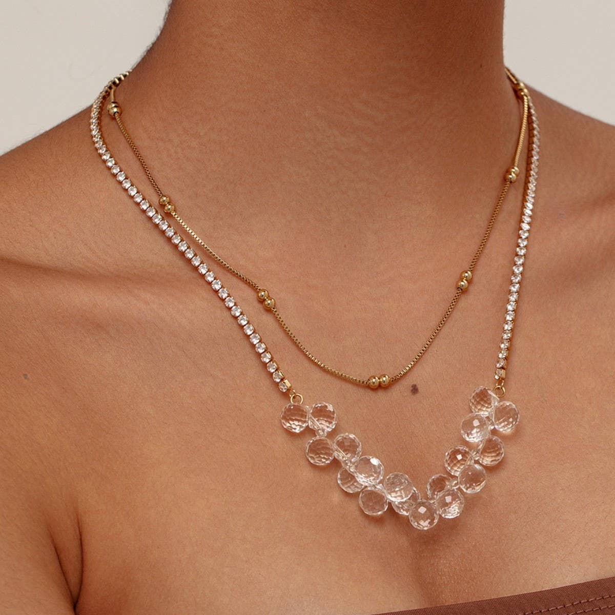 White Crystal Double Necklace Tennis Chain_Cwmm3636