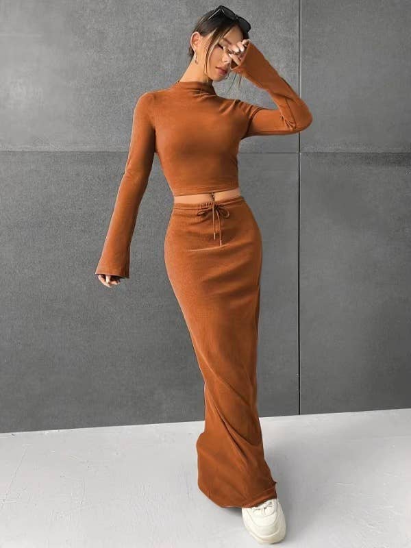 Solid Color Long Sleeve Top Long Skirt Set