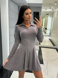 Solid Color Waistline Long Sleeve Lapel Dress