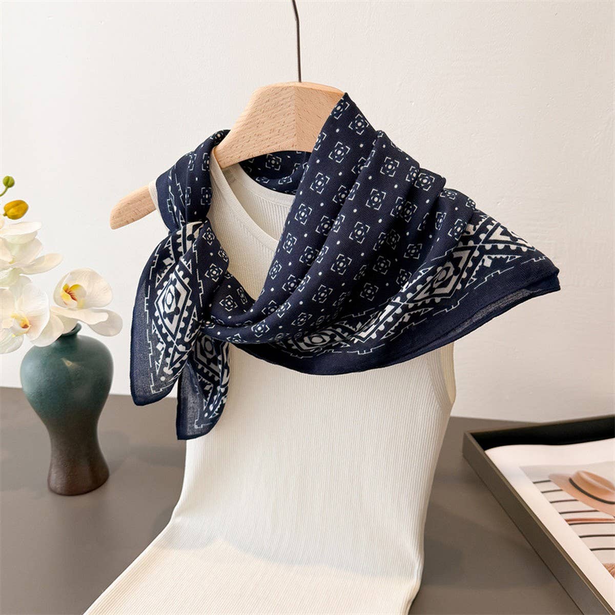 Geometric Herringbone Cotton Linen Square Scarf_Cwasc03433