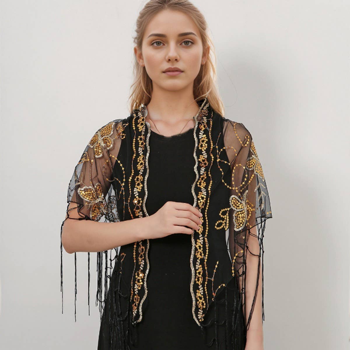 HOLLOW LACE TASSEL BUTTERFLY TRIANGLE SCARF SHAWL_CWMM2000