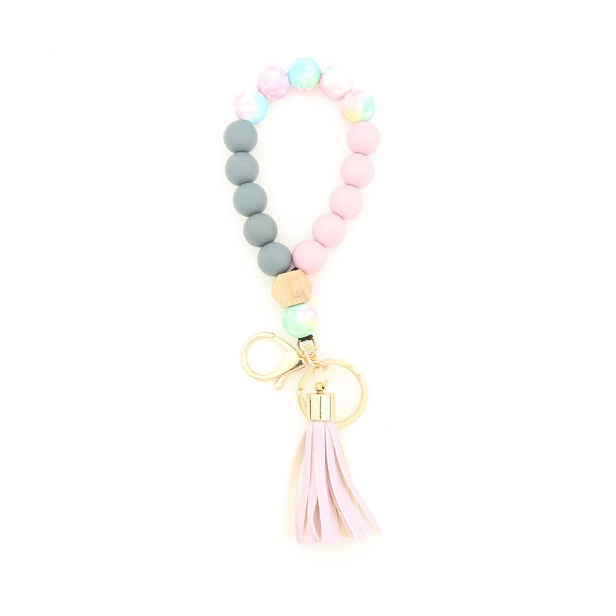 SILICONE WOOD BEAD BRACELET WITH LEATHER KEYCHAIN_CWMM7009