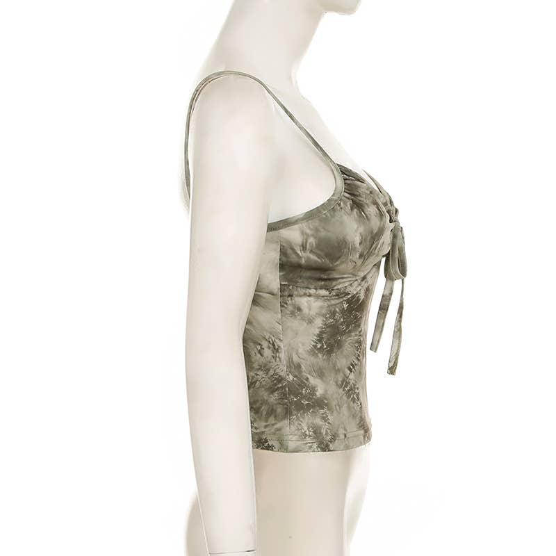 Vintage Tie-Dye Bow Pleated Bust V-Neck Halter