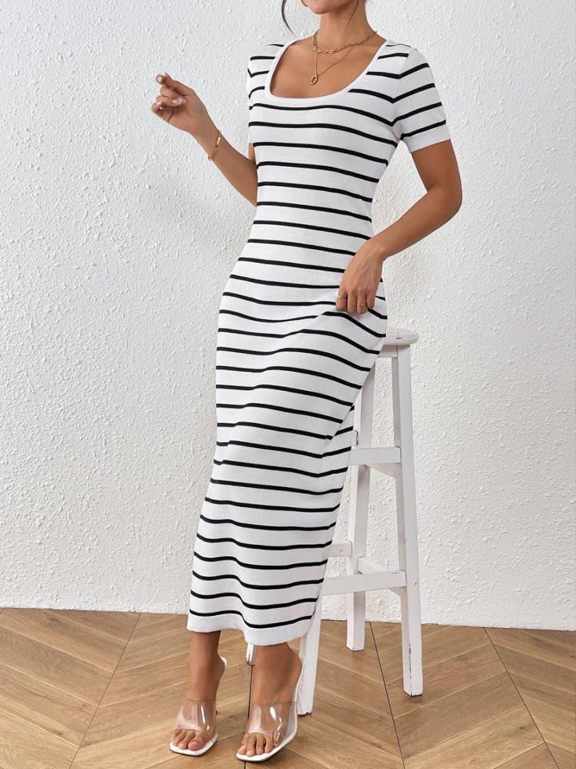 Striped Patchwork Short-Sleeved U-Neck Dress