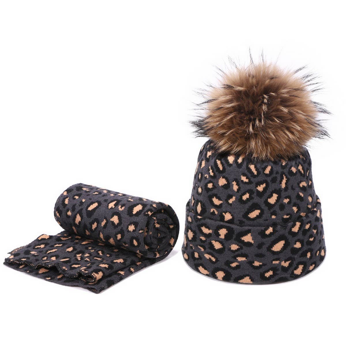Leopard Knit Beanie With Pom & Scarf Set_Cwah04988