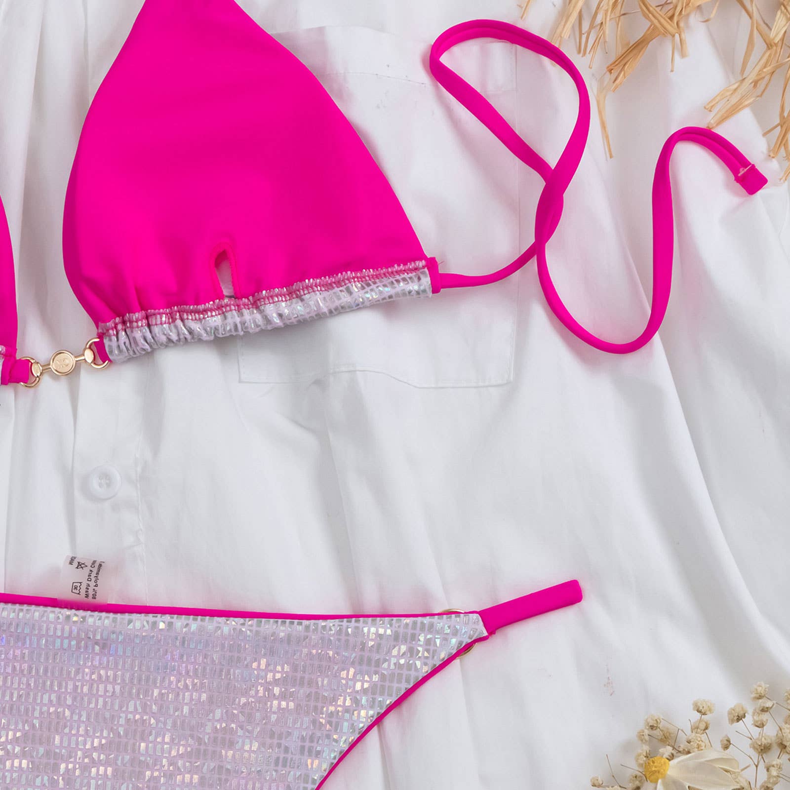 Womens Shiny Bikini Set Pearl Triangle Swimsuit