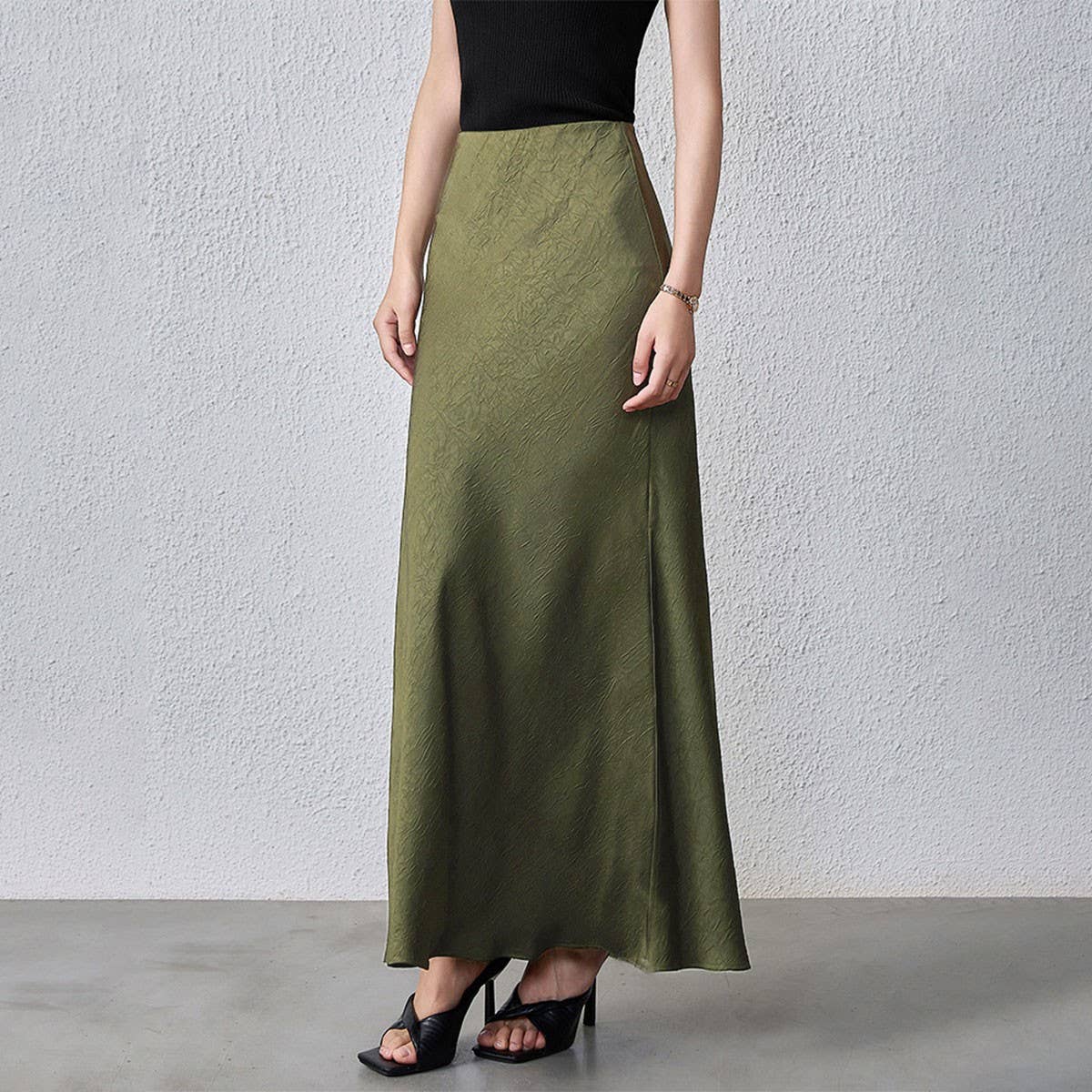 SATIN SKIRT HIGH WAIST ELASTIC PATTERN LONG SKIRT_CWBSS0384