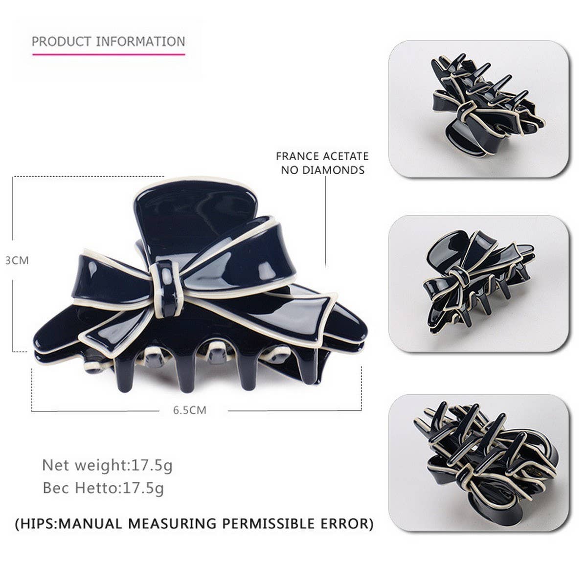ACETATE DOUBLE SIDED BOW CLIP SHARK CLIP_CWAHA4238
