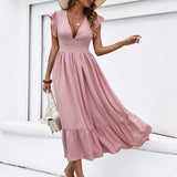 V-Neck Slim Slim Slit Solid Color Long Dress