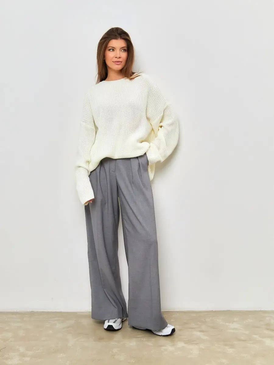 Solid Color Crew Neck Loose Knit Sweater