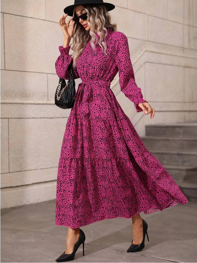 Spotted Print Stand Collar Ruffled Dress