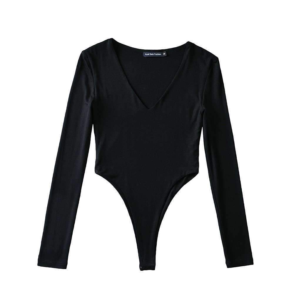 Tight Deep V-Neck Long-Sleeved One-Piece Top