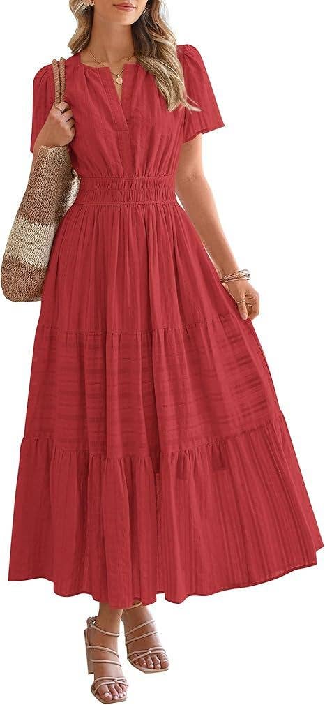 V-Neck Pleated Puffy Sleeve Short Sleeved Dress