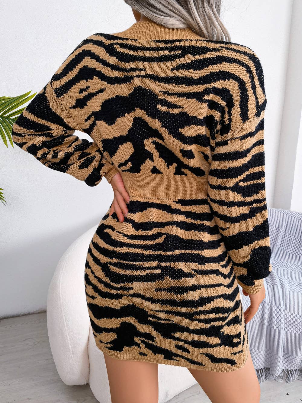 Tiger Print Sweater Dress With Lantern Sleeves