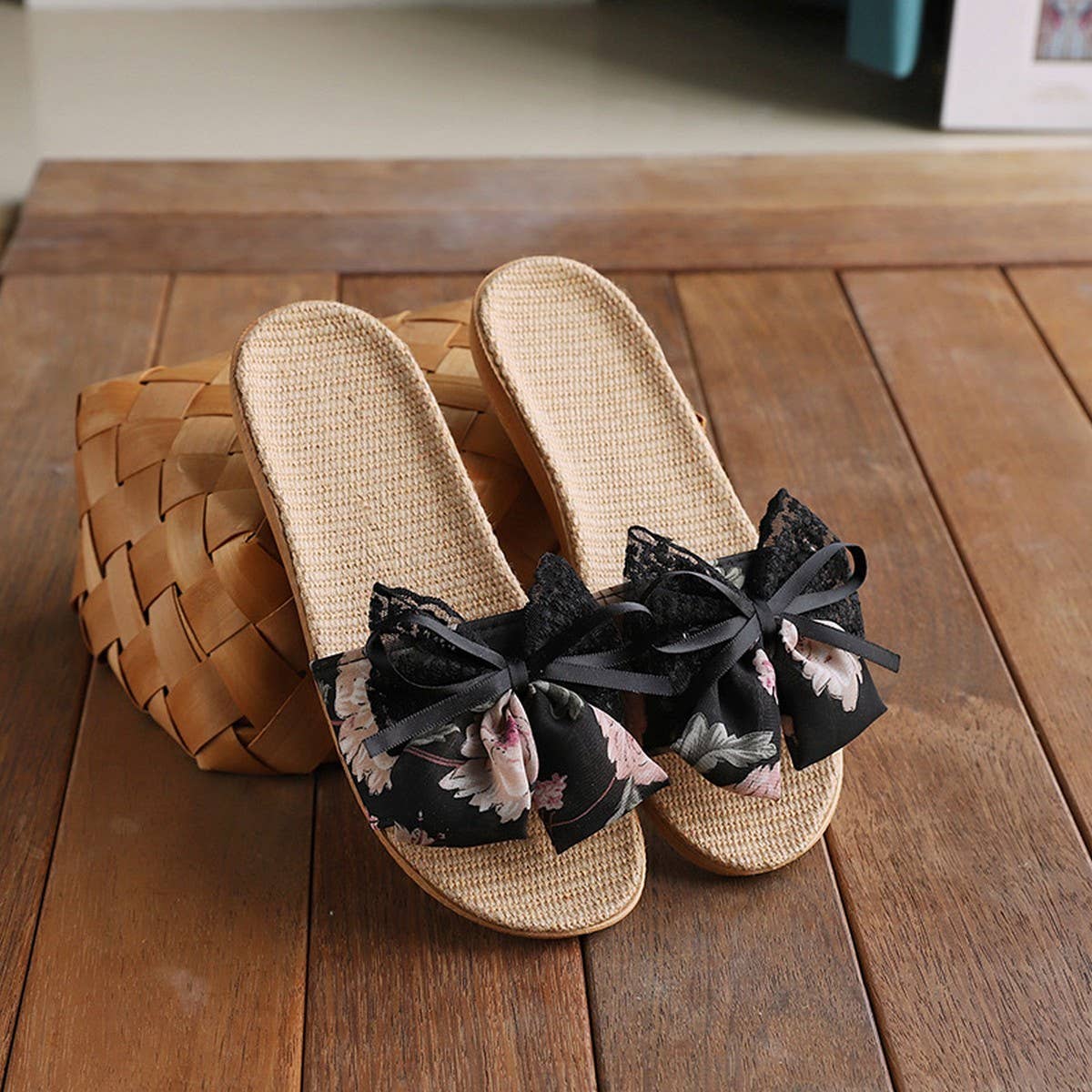 CUTE BOW LINEN SLIPPERS FOR HOME OFFICE_CWSHF0193