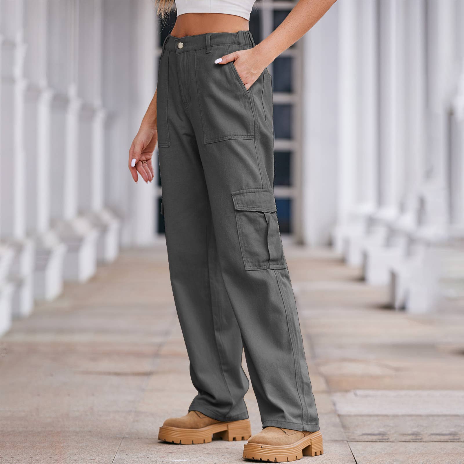 Washed Semi-Elastic-Waisted Denim Cargo Pants