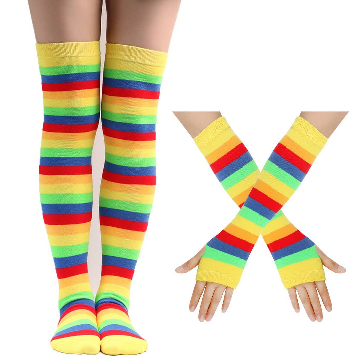 COLORFUL STRIPED KNEE SOCKS AND GLOVES SET_CWMS0309