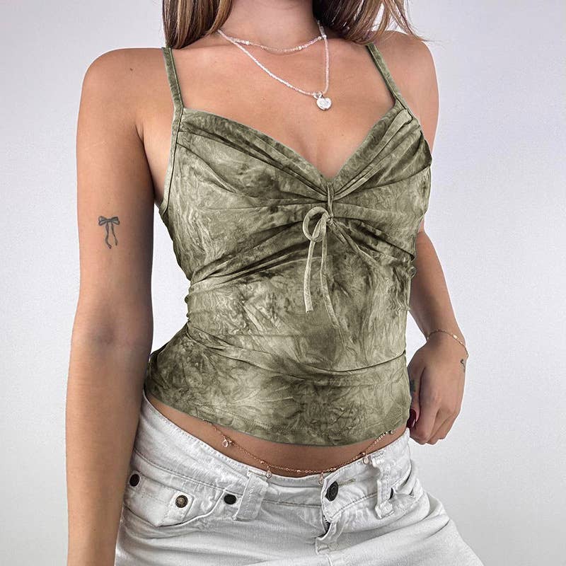 Vintage Tie-Dye Bow Pleated Bust V-Neck Halter
