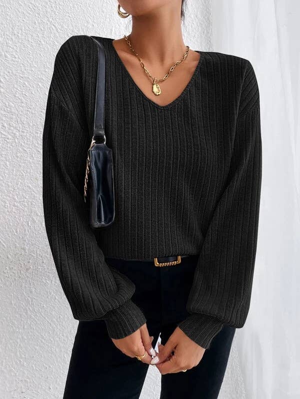 V-Neck Drop Shoulder Sleeved T-Shirt Loose Knit