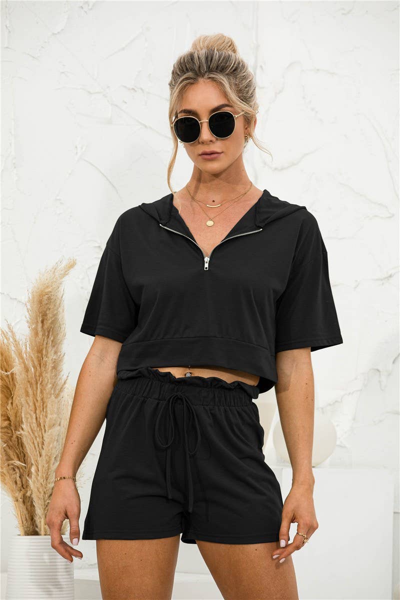 Solid Color Hooded Zipper Shorts Casual Suit_Cwstb0437