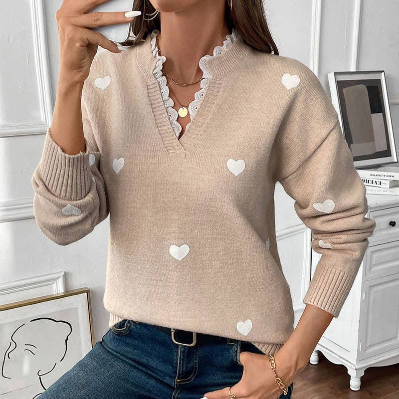 Valentines Day V-Neck Lace Knitted Sweater