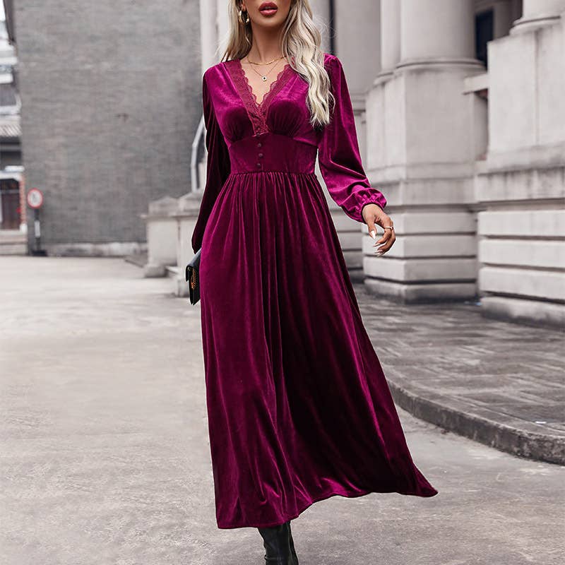 Velvet Long Dress Lace Gown Long Dress
