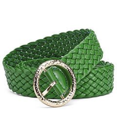 METAL ROUND BUCKLE PATENT LEATHER BRAIDED WIDE BELT_CWMM0765