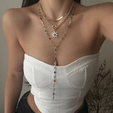 SUNFLOWER COLORED CRYSTAL CHAIN NECKLACE_CWMM3138