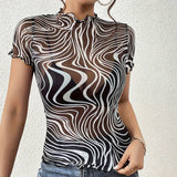 BLACK WHITE STRIPED SEMI SHEER MESH SHORT TOP_CWTBLS1511