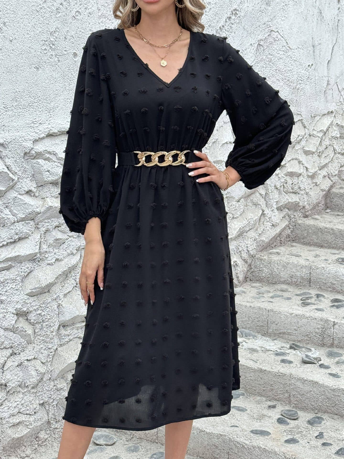 V-Neck,Cinched Waist,Woolen Long-Sleeved Dress
