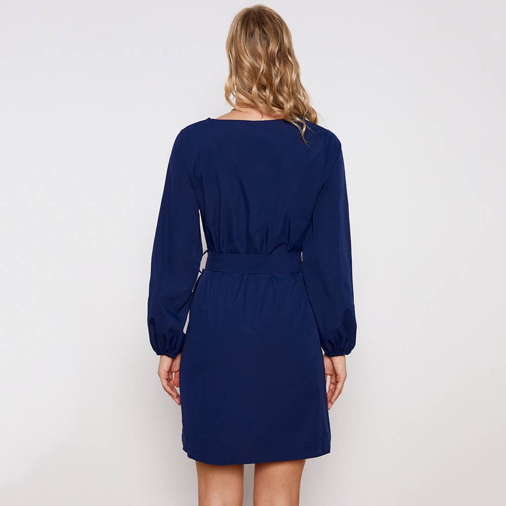 Solid Color Lace-Up Long-Sleeved Dress